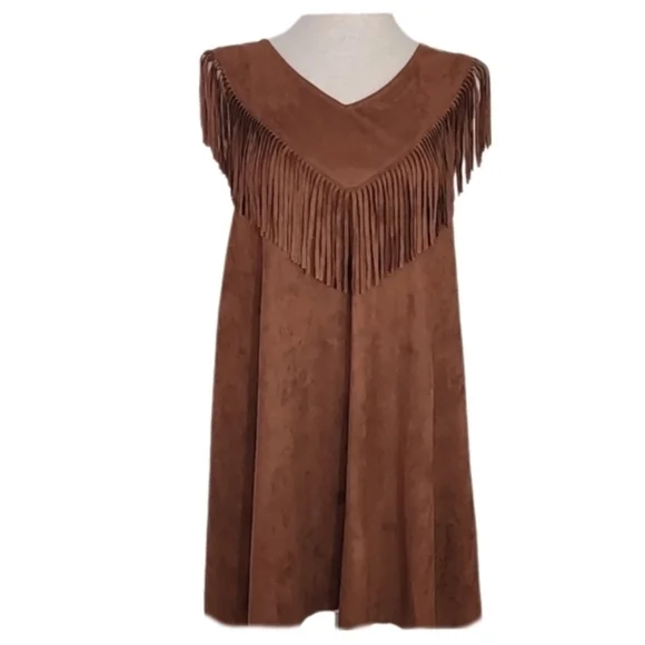 Tasha Polizzi Dress Fringed Faux Suede Western Cowgirl Brown Size S - Picture 11 of 12